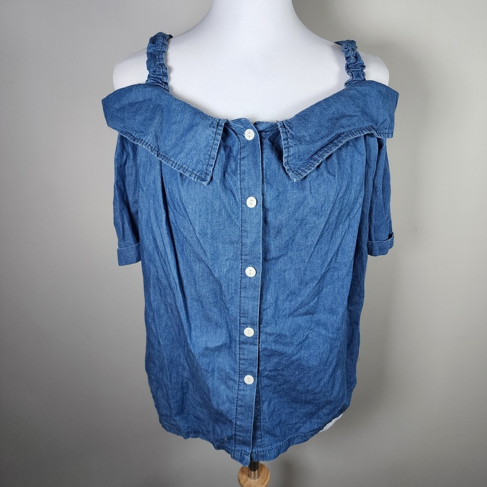 Young Denim Off Shoulder Top Womens 13‎ Blue Blouse Western Country Cottage Boho